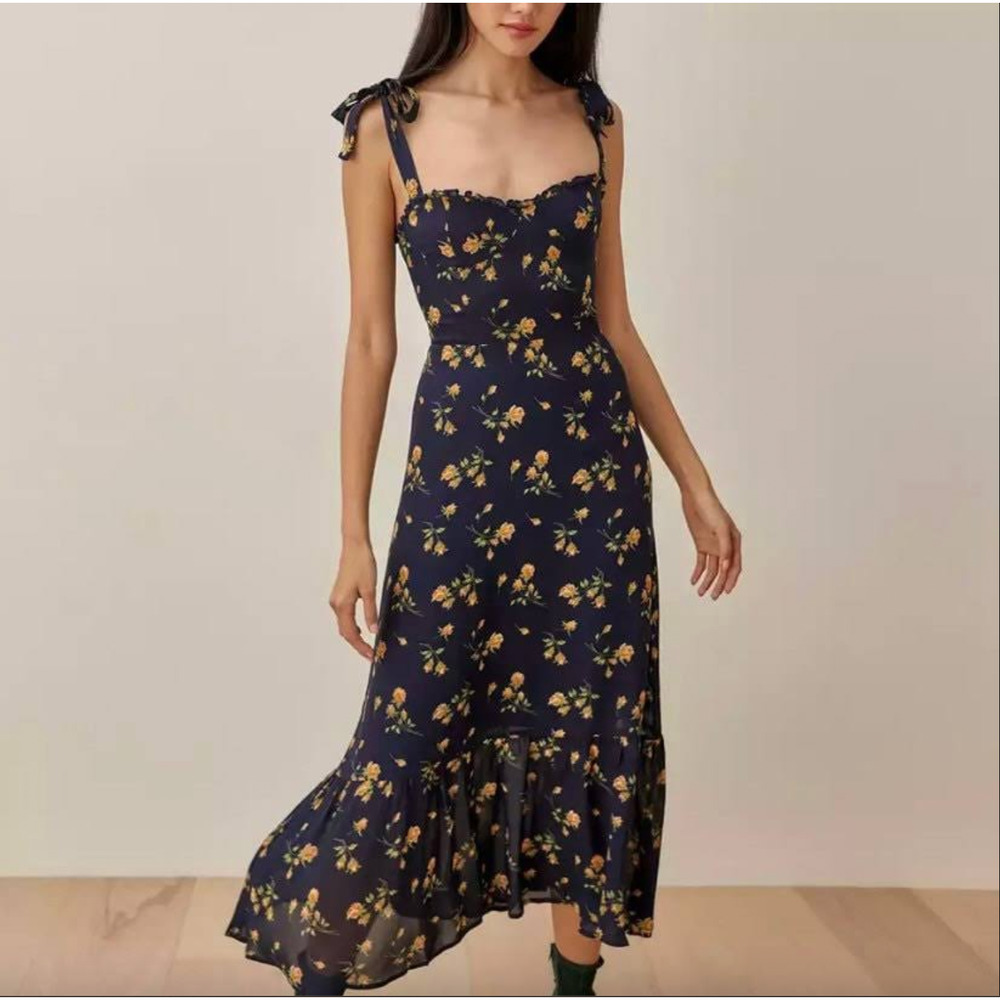 Reformation Navy Floral Midi Dress with Yellow & Green Accents - Picture 4 of 13